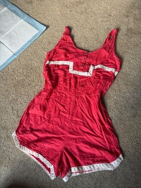 Fossil Red Lace-Trim One-Piece Romper